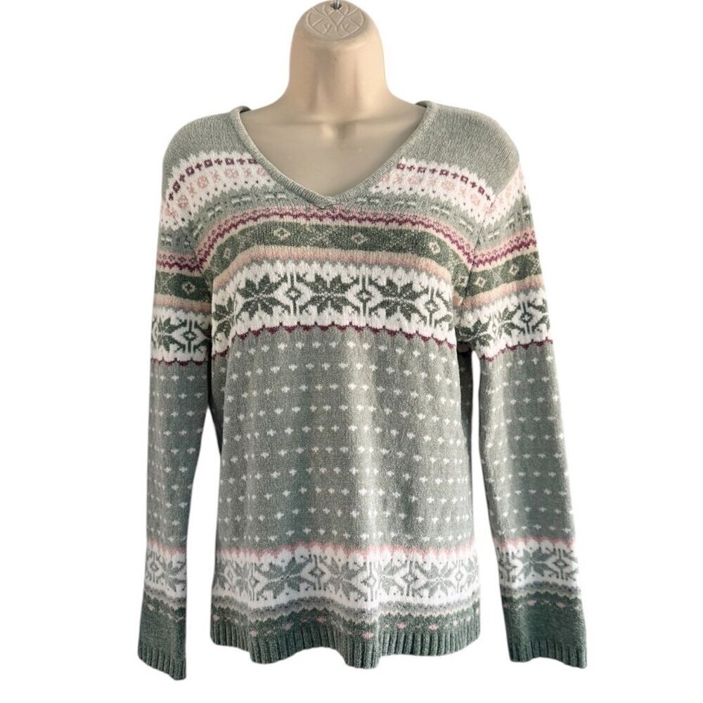 VTG Kikit Woman's Sz M Sage Green & Pink Snowflake Christmas Sweater Pullover